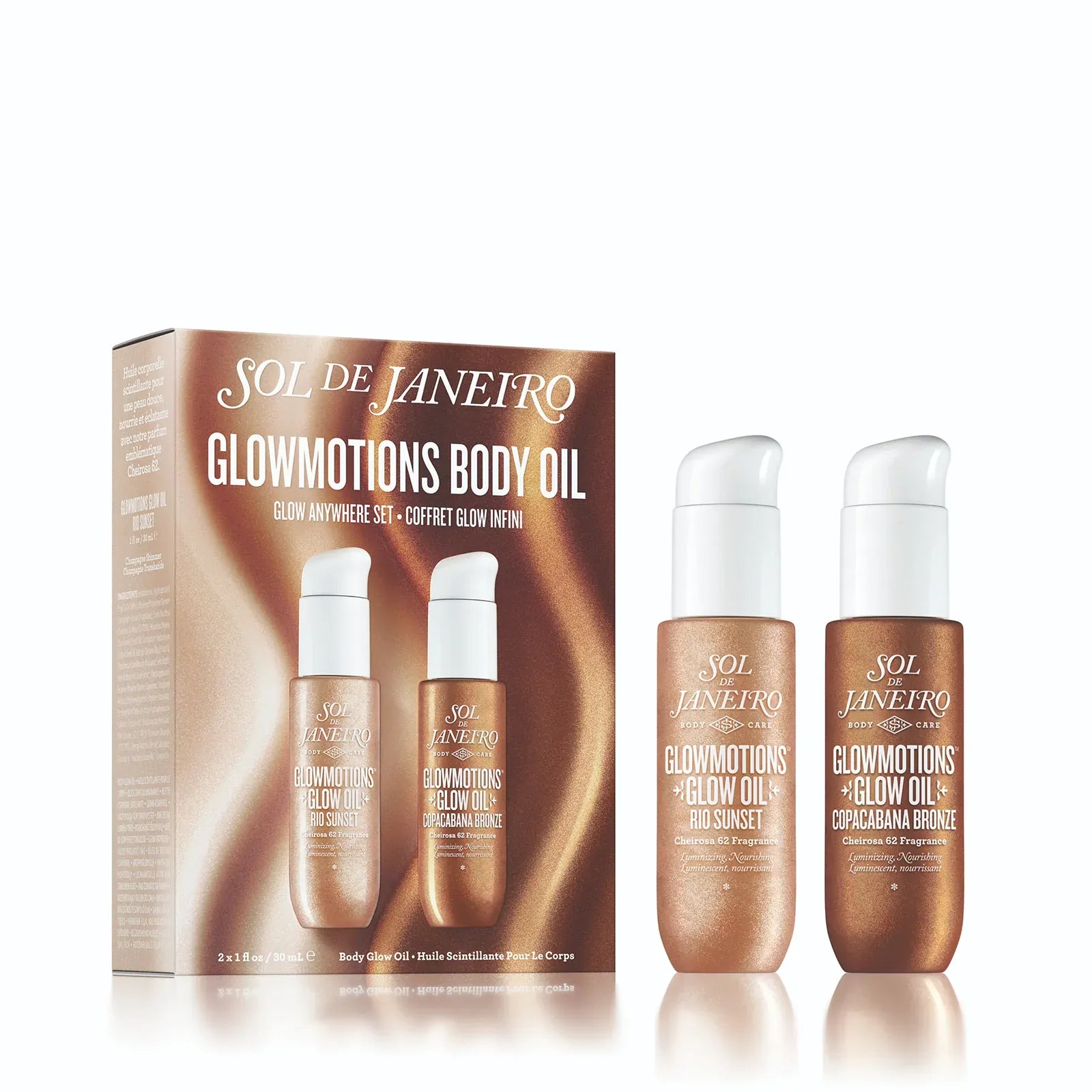 Sol de Janeiro Glow motions body oil set with packaging on a white background